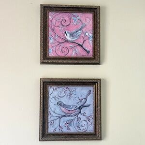 Two Kate Miller-McRostie Framed Prints of Birds Wall Art Floral Robin Nuthatch